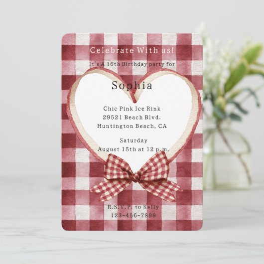 Red White Plaid Stripes Heart Birthday Einladung (Stehend Vorderseite)