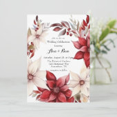 Red White Poinsettia Wreath Wedding Celebration Einladung (Stehend Vorderseite)