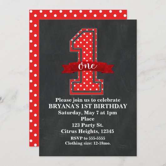 Red & White Polka Dot 1 Party 1 Einladung (Vorne/Hinten)
