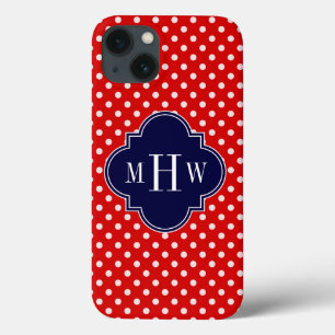 Red White Polka Dot Navy Quarto 3 Monogramm iPhone 13 Hülle