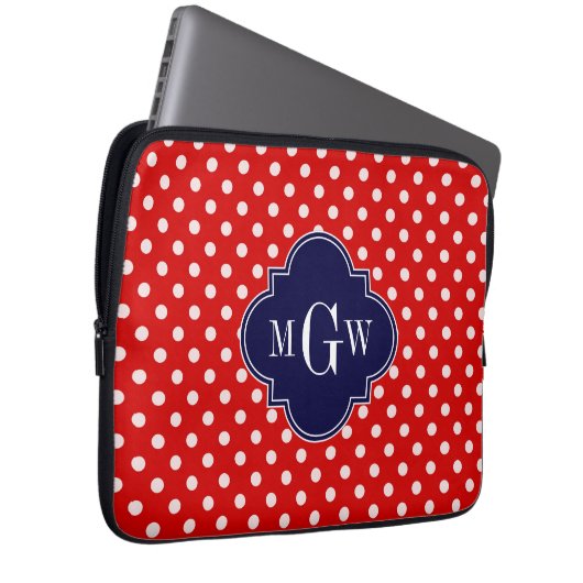 Red White Polka Dot Navy Quarto 3 Monogramm Laptopschutzhülle (Vorne Rechts)