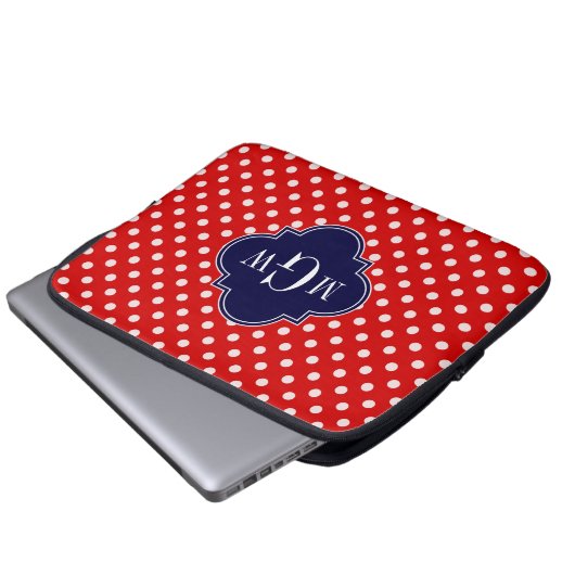 Red White Polka Dot Navy Quarto 3 Monogramm Laptopschutzhülle (Vorne Knopf)