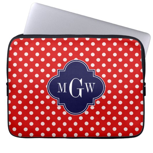 Red White Polka Dot Navy Quarto 3 Monogramm Laptopschutzhülle (Vorderseite)