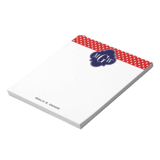 Red White Polka Dot Navy Quarto 3 Monogramm Notizblock (Rotiert)