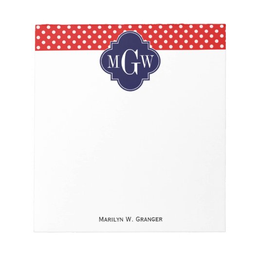 Red White Polka Dot Navy Quarto 3 Monogramm Notizblock (Vorderseite)