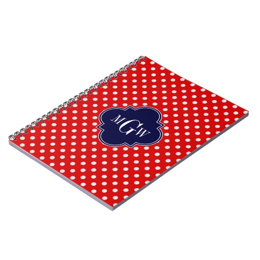 Red White Polka Dot Navy Quarto 3 Monogramm Notizblock (Linke Seite)