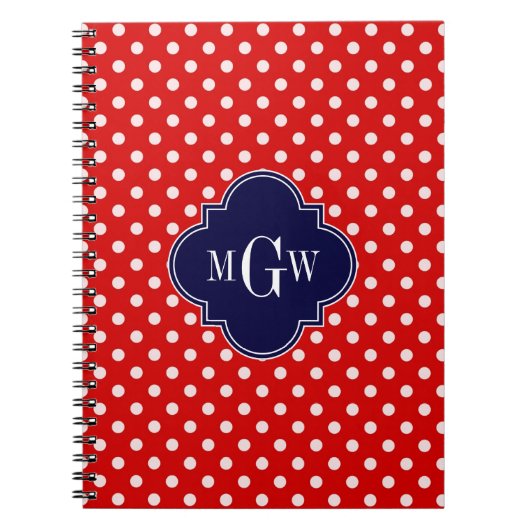 Red White Polka Dot Navy Quarto 3 Monogramm Notizblock (Vorderseite)