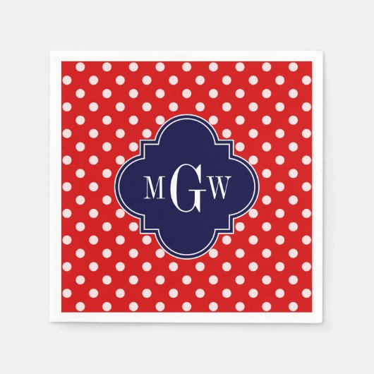Red White Polka Dot Navy Quarto 3 Monogramm Serviette (Vorderseite)