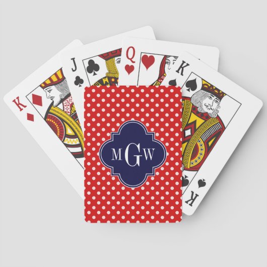 Red White Polka Dot Navy Quarto 3 Monogramm Spielkarten (Rückseite)