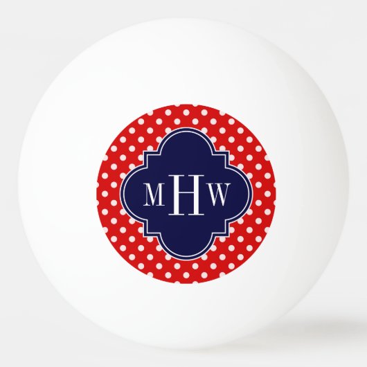Red White Polka Dot Navy Quarto 3 Monogramm Tischtennisball (Vorderseite)