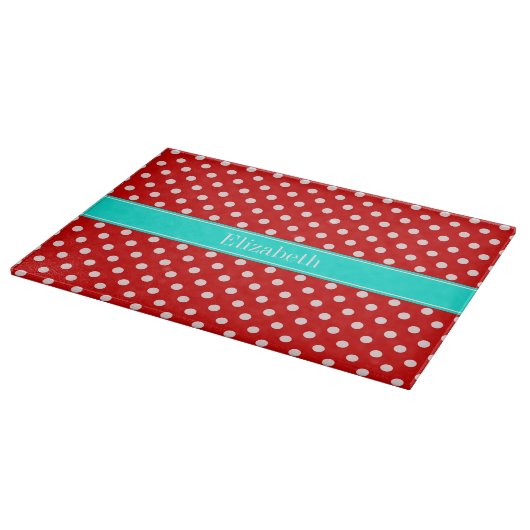 Red White Polka Dots Bright Aqua Name Monogram Schneidebrett (Ecke)
