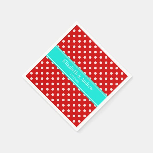 Red White Polka Dots Bright Aqua Name Monogram Serviette (Ecke)