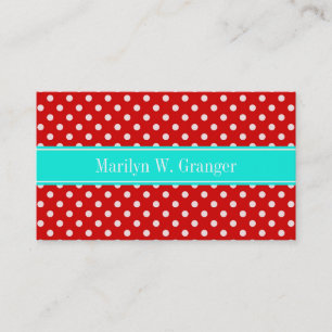 Red White Polka Dots Bright Aqua Name Monogram Visitenkarte