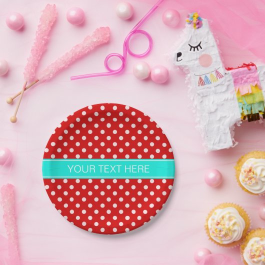 Red White Polka Dots Bright Aqua Ribbon Monogram Pappteller (Party)