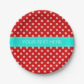 Red White Polka Dots Bright Aqua Ribbon Monogram Pappteller (Vorderseite)
