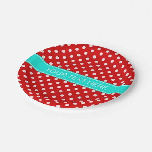 Red White Polka Dots Bright Aqua Ribbon Monogram Pappteller (Schrägansicht)