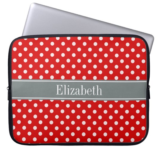 Red White Polka Dots Charcoal Ribbon Monogram Laptopschutzhülle (Vorderseite)