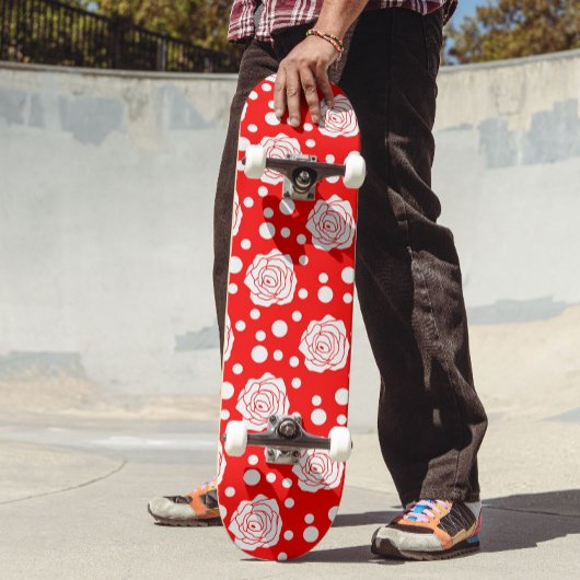 Red White Polka Dots Floral Illustration Design Skateboard
