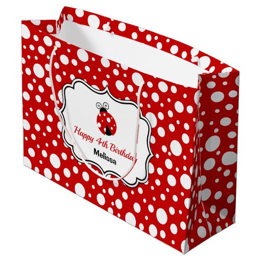 Red White Polka Dots Ladybug Frame Kindergeburtsta Große Geschenktüte (Rückseite Schrägansicht)