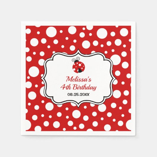 Red White Polka Dots Ladybug Frame Kindergeburtsta Serviette (Vorderseite)
