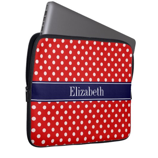 Red White Polka Dots Navy Blue Ribbon Monogram Laptopschutzhülle (Vorne Rechts)