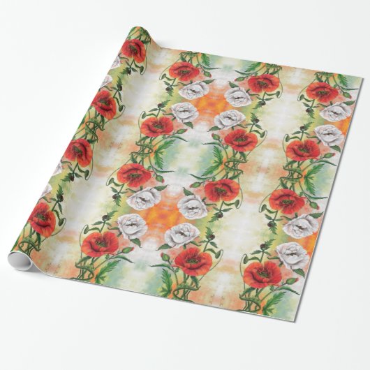 Red White Poppe Wrapping Paper Spring Geschenkpapier (Ungerollt)