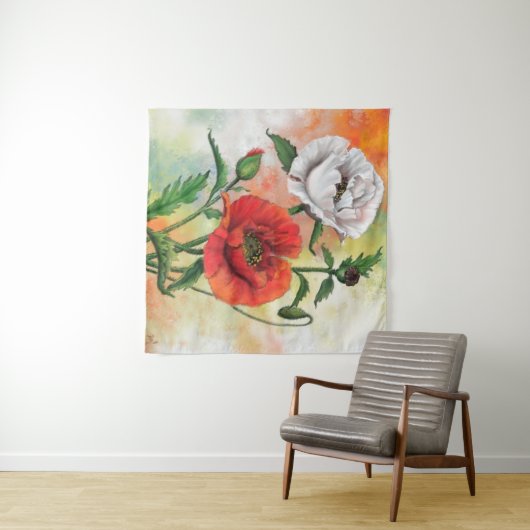Red White Poppies Tapestry Wandteppich (Beispiel (Horizontal))