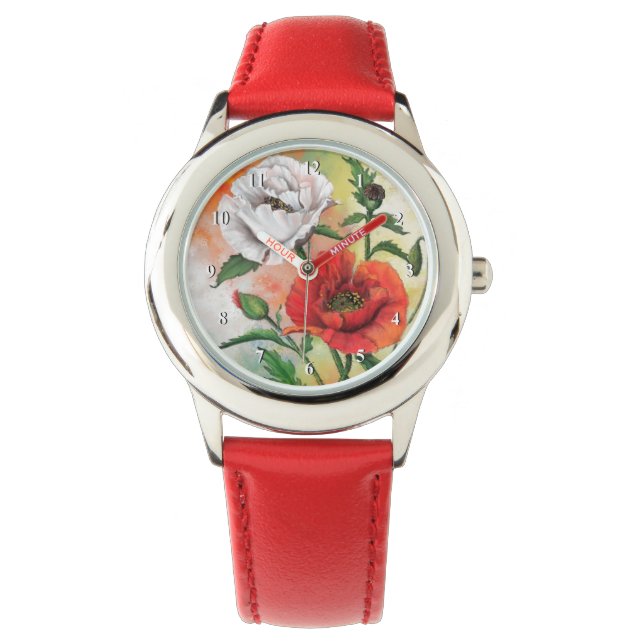Red White Poppies Watch Armbanduhr (Vorderseite)