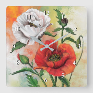 Red White Poppy Wall Clock - Painting Quadratische Wanduhr