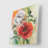 Red White Poppy Wall Clock - Painting Quadratische Wanduhr (Winkel)