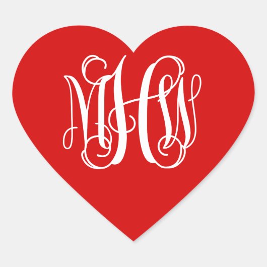 Red White Preppy Vine Script Monogram DIG BG Herz-Aufkleber (Vorderseite)