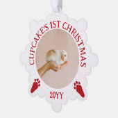 Red White Rabbit Paw Prints Bunny's 1. Weihnachten Ornament Karte (Linke Ecke)