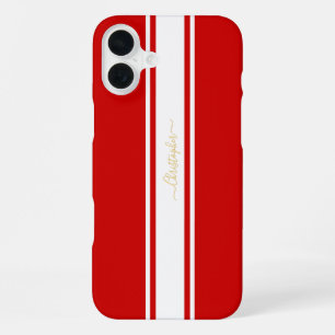 Red White Racing Stripes Gold Mit Monogramm iPhone 16 Plus Hülle