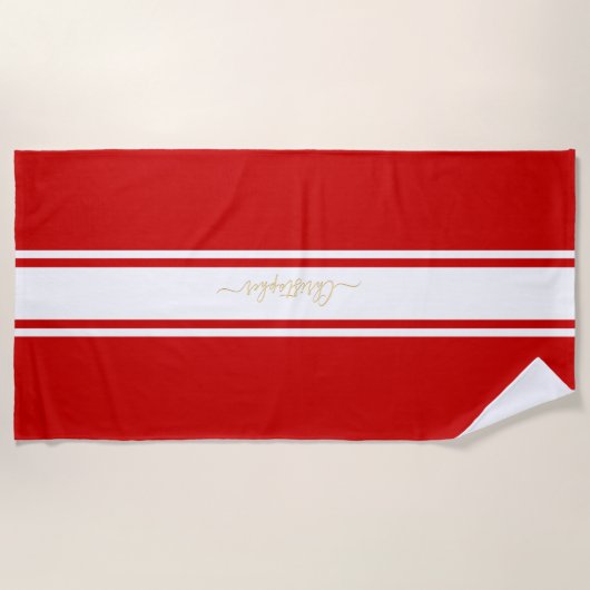 Red White Racing Stripes Gold Mit Monogramm Pool Strandtuch (Vorderseite)
