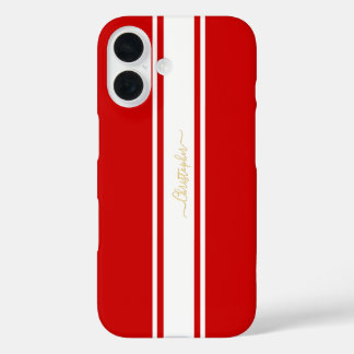 Red White Racing Stripes Gold Mit Monogramm Stylis iPhone 16 Hülle