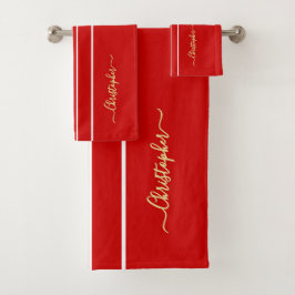 Red White Racing Stripes Imitats Gold Mit Monogram Badhandtuch Set