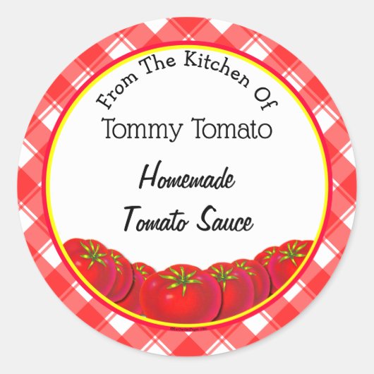 Red White Retro Kariert Tomate Sauce Backen Runder Aufkleber (Vorderseite)