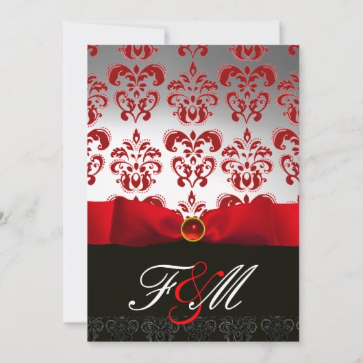 RED WHITE RIBBON & BLACK DAMASK MONOGRAM Ruby Einladung (Vorderseite)