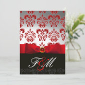 RED WHITE RIBBON & BLACK DAMASK MONOGRAM Ruby Einladung (Stehend Vorderseite)
