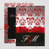 RED WHITE RIBBON & BLACK DAMASK MONOGRAM Ruby Einladung (Vorne/Hinten)