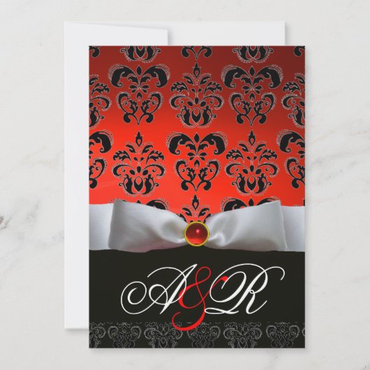 RED WHITE RIBBON & BLACK DAMASK MONOGRAM Ruby Einladung (Vorderseite)