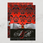 RED WHITE RIBBON & BLACK DAMASK MONOGRAM Ruby Einladung (Vorne/Hinten)