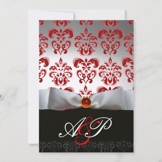 RED WHITE RIBBON & BLACK DAMASK MONOGRAM Ruby Einladung (Vorderseite)