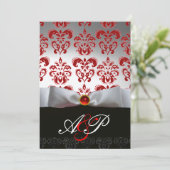 RED WHITE RIBBON & BLACK DAMASK MONOGRAM Ruby Einladung (Stehend Vorderseite)