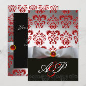RED WHITE RIBBON & BLACK DAMASK MONOGRAM Ruby Einladung (Vorne/Hinten)