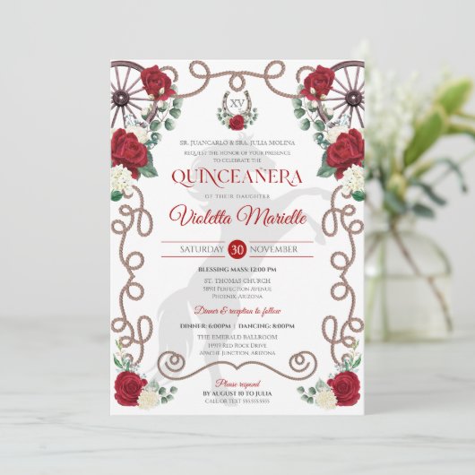 Red White Rose Eleganter Western Charra Quinceaner Einladung (Stehend Vorderseite)