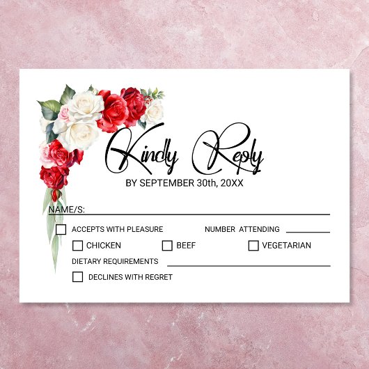 Red White Rose Floral Wedding RSVP Karte