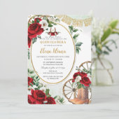 Red White Roses Charro Boots Sweet 16 Quinceañera Einladung (Stehend Vorderseite)