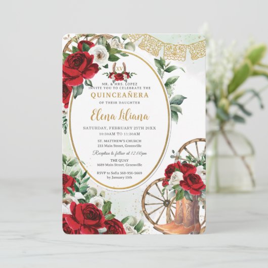 Red White Roses Charro Boots Sweet 16 Quinceañera Einladung (Stehend Vorderseite)