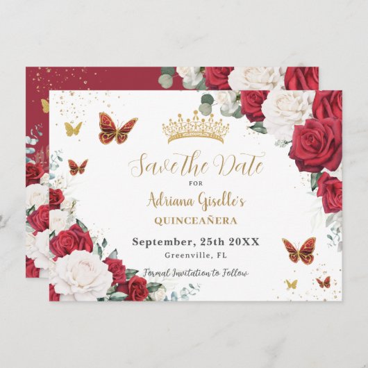 Red White Roses Floral Gold Quinceñera Sweet 16 Save The Date (Vorne/Hinten)